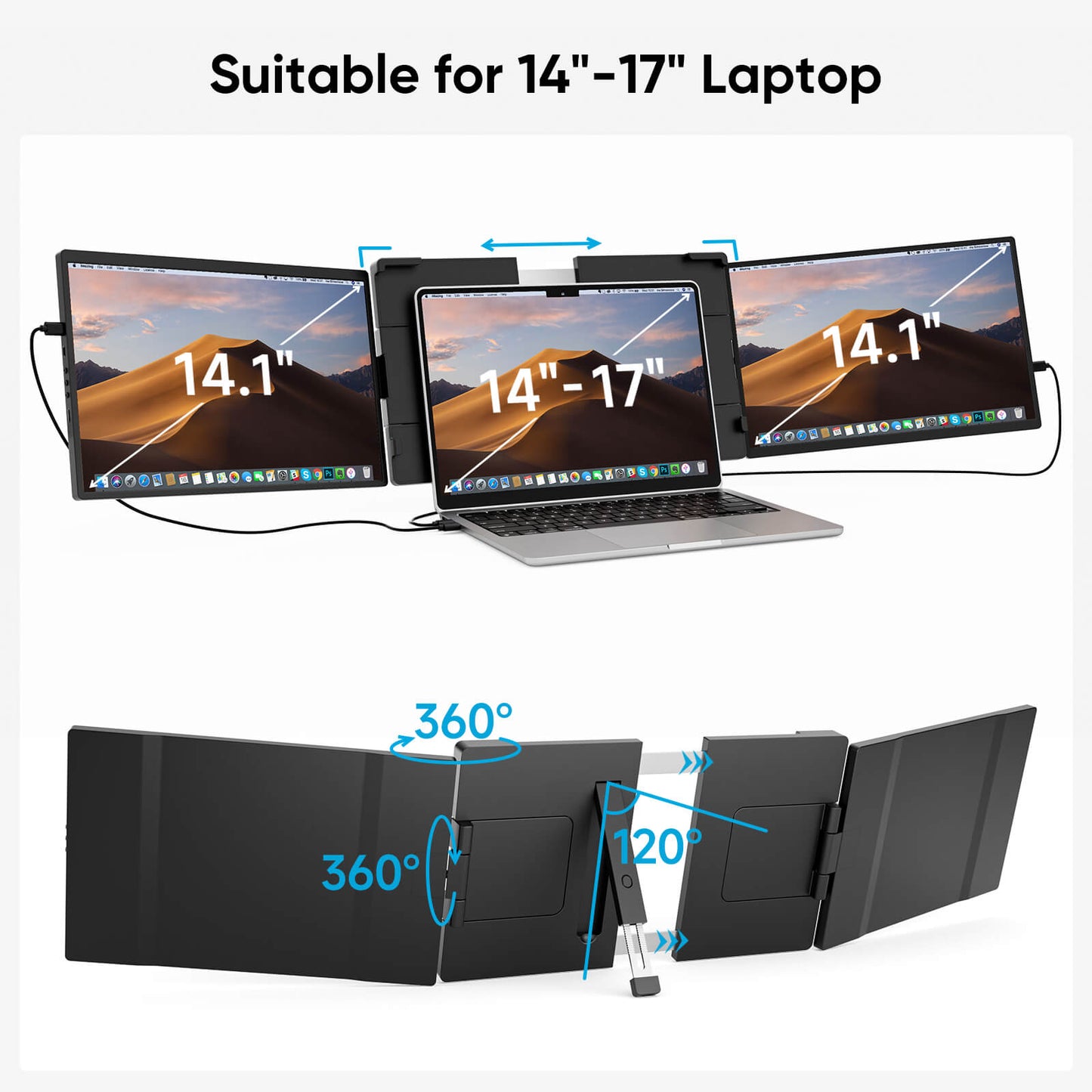 14.1 Inch Triple Portable Monitor for Laptop Full HD Display for Work and Travel