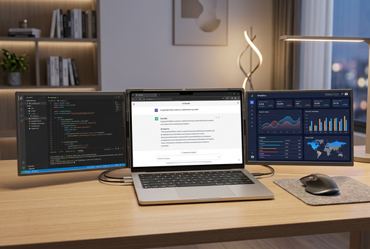 Modern 3-screen laptop workstation setup for AI coding and development