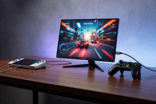 Favpista 15.6 inch portable gaming monitor connected to gaming console with wireless gamepad