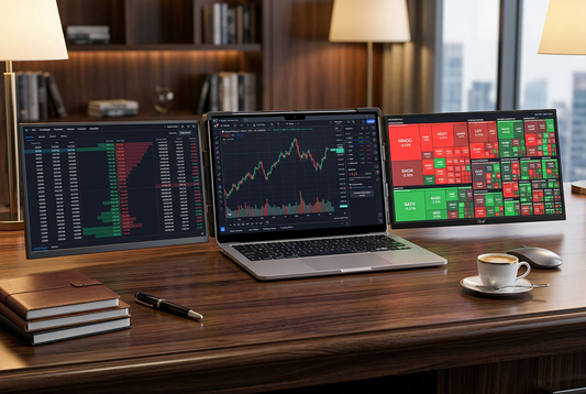 Mobile day trading battle station with three screens on a laptop