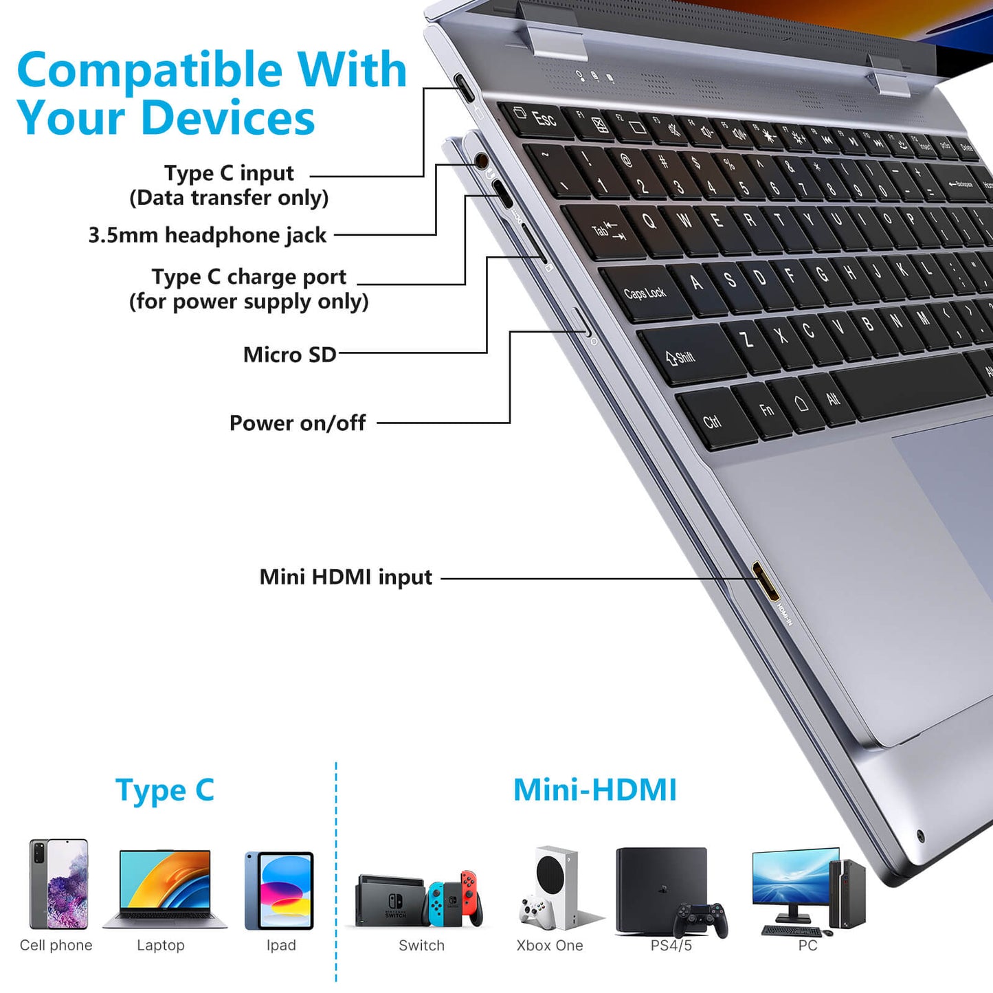 14.1-Inch 1080p Touchscreen Portable Laptop Monitor With 10800mah Battery And Keyboard